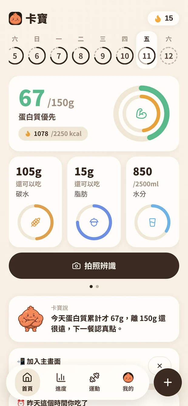 卡寶首頁：今天的熱量與蛋白質進度